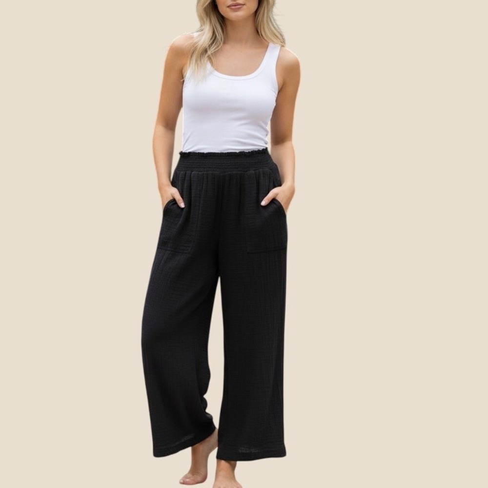 Saks Fifth Avenue Black Cotton Gauze Wide Leg Smocked Waist Pants Medium